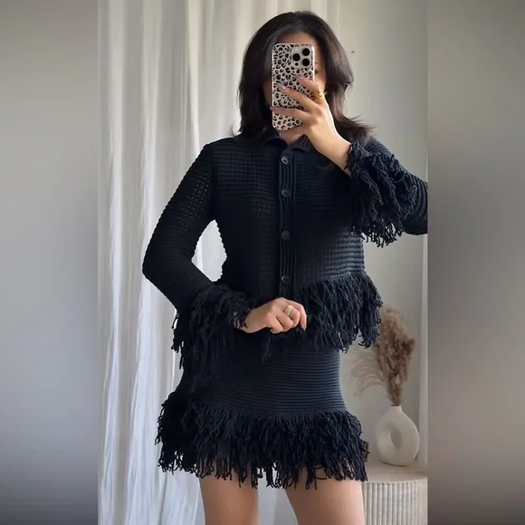 ZARA FRINGE CHECK KNIT SKIRT NAVY BLUE SMALL MEDIUM - Picture 3 of 3